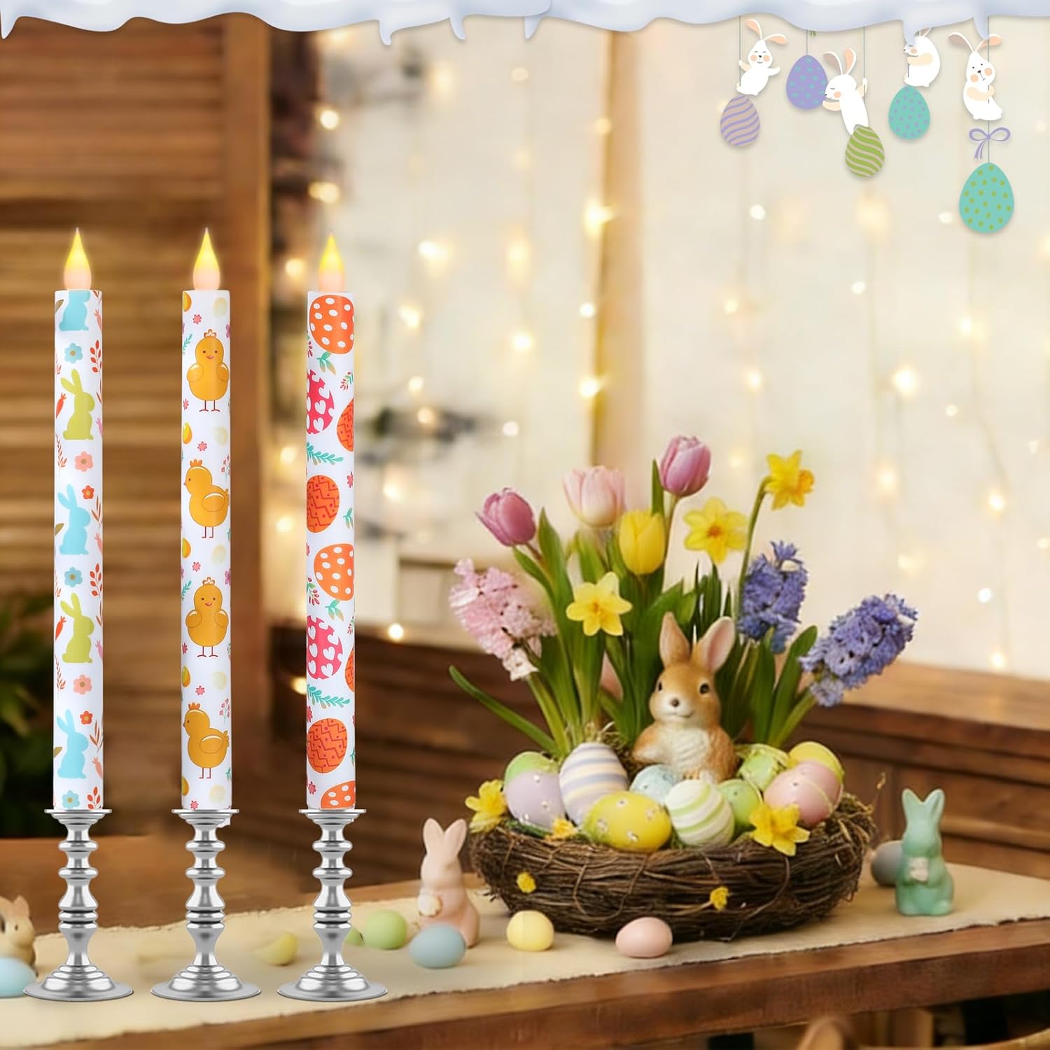 6Pcs Easter Taper Candles – 10.6" Battery Operated Flameless LED Candles with Bunny, Chick & Egg Patterns, Flickering Flame, Safe Spring Decor for Table Centerpiece, Party & Home Decor