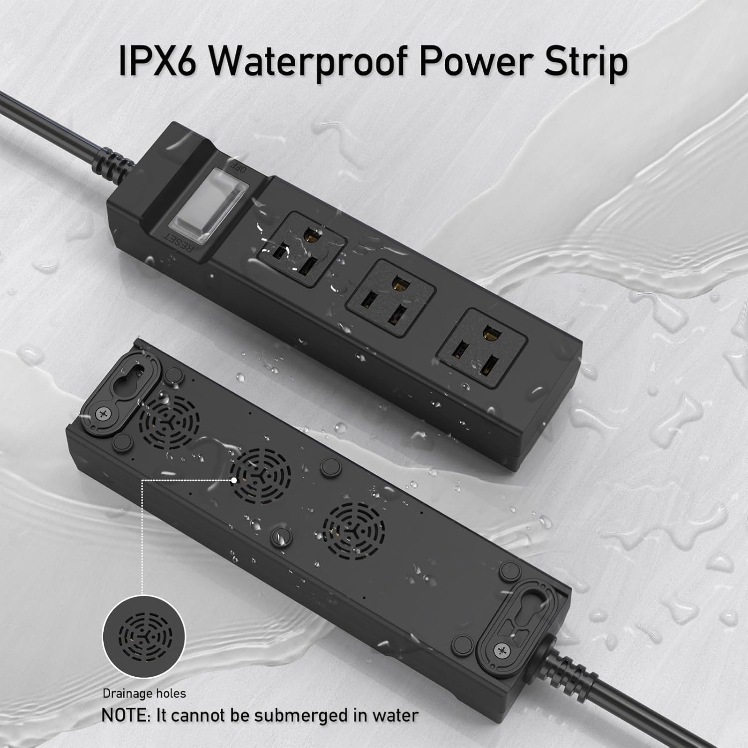 Outdoor Power Strip Weatherproof, KPQ IPX6 Waterproof Surge Protector with 3 Wide Outlets, 10FT Flat Plug Extension Cord, Wall Mountable for Home, Office, Dorm, Patio, FCC UL Listed