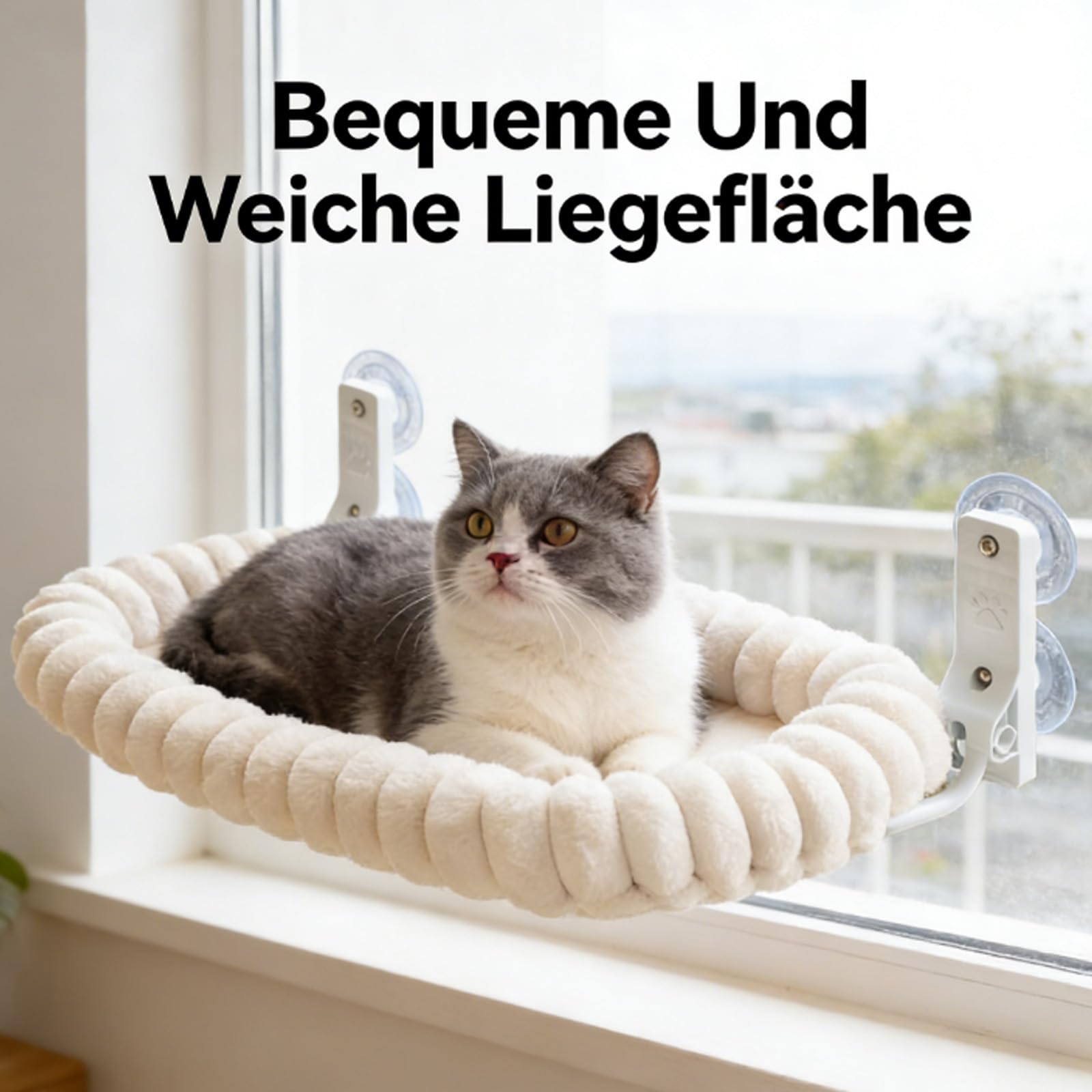 Katzenbett Fenster, Fensterliege für Katzen, Katzen Fensterliege mit Abnehmbarem hält bis zu 18kg Katzenhängematte (Weiß)