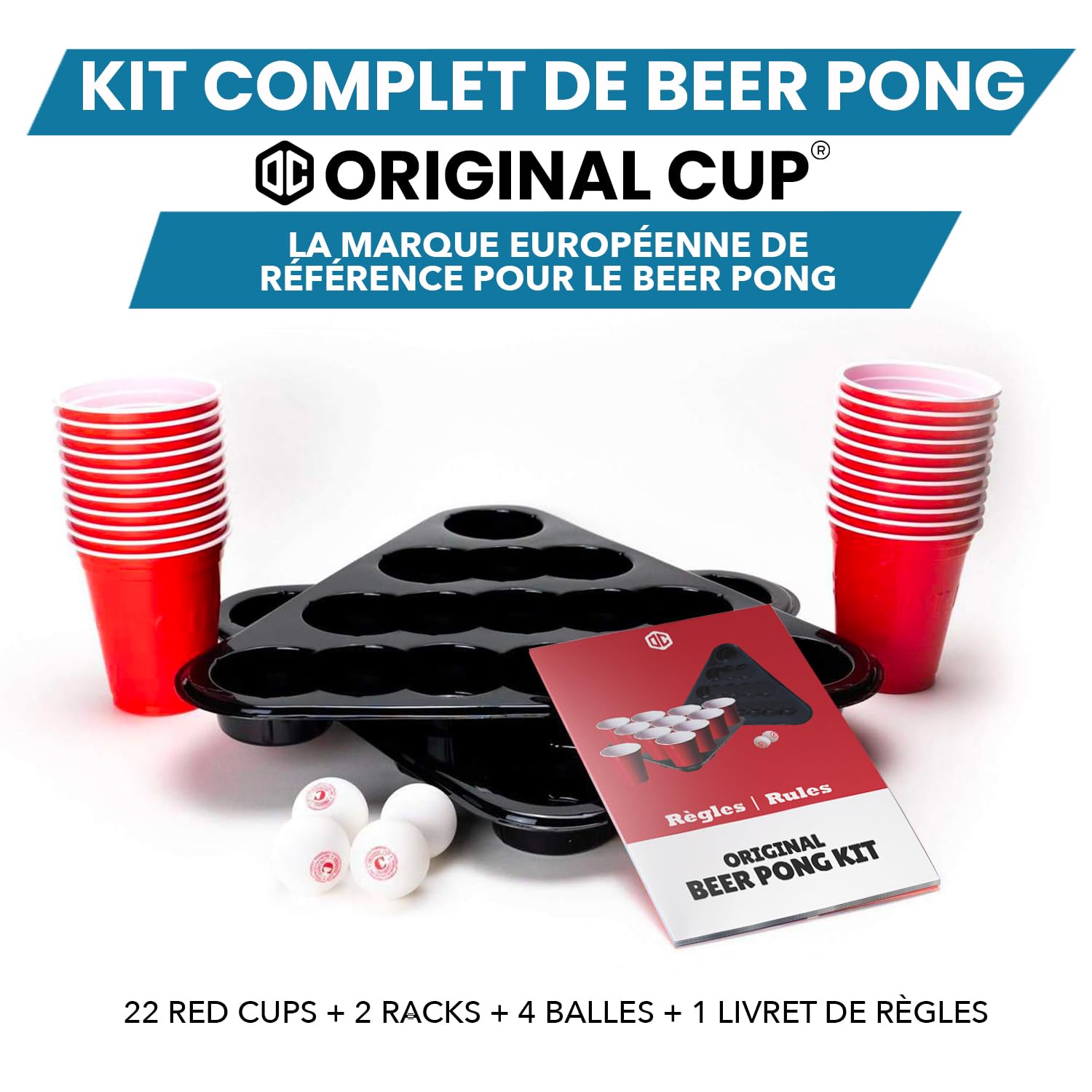 Original Cup Beer Pong® | Kit Beer Pong Officiel | Qualité Premium | 22 Red Cups | 2 Racks d'Emplacement | 4 Balles | Règles Officielles | Jeu à Boire | Jeu Soirée