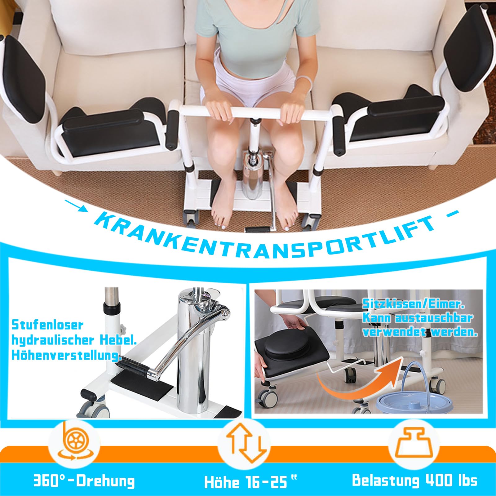 Limit wagi wózka inwalidzkiego pacjenta 180 kg, podzielone siedzenie 180° / regulacja wysokości podnoszenia pacjenta 16-61 cm, krzesło transportowe dla osób niepełnosprawnych, łazienka przy łóżku,