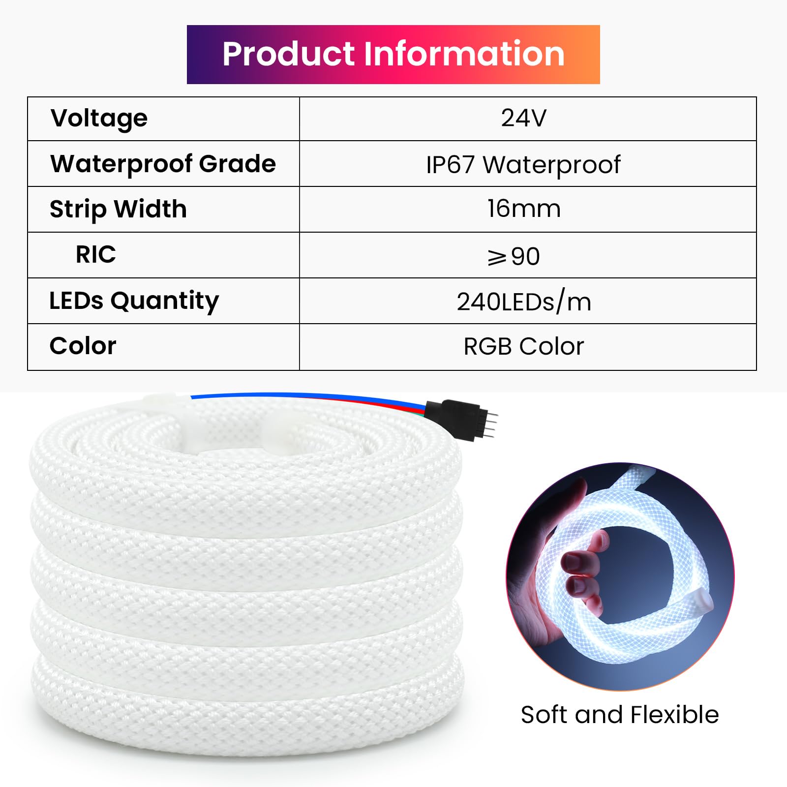 24V RGB LED Neon Flex Light – Ø16mm, SMD3535, 240 LEDs/m, IP67 360°RGB LED Band Schlauch Lichtband für Weihnachten, Hochzeiten, Werbung & Architekturbeleuchtung(7M)