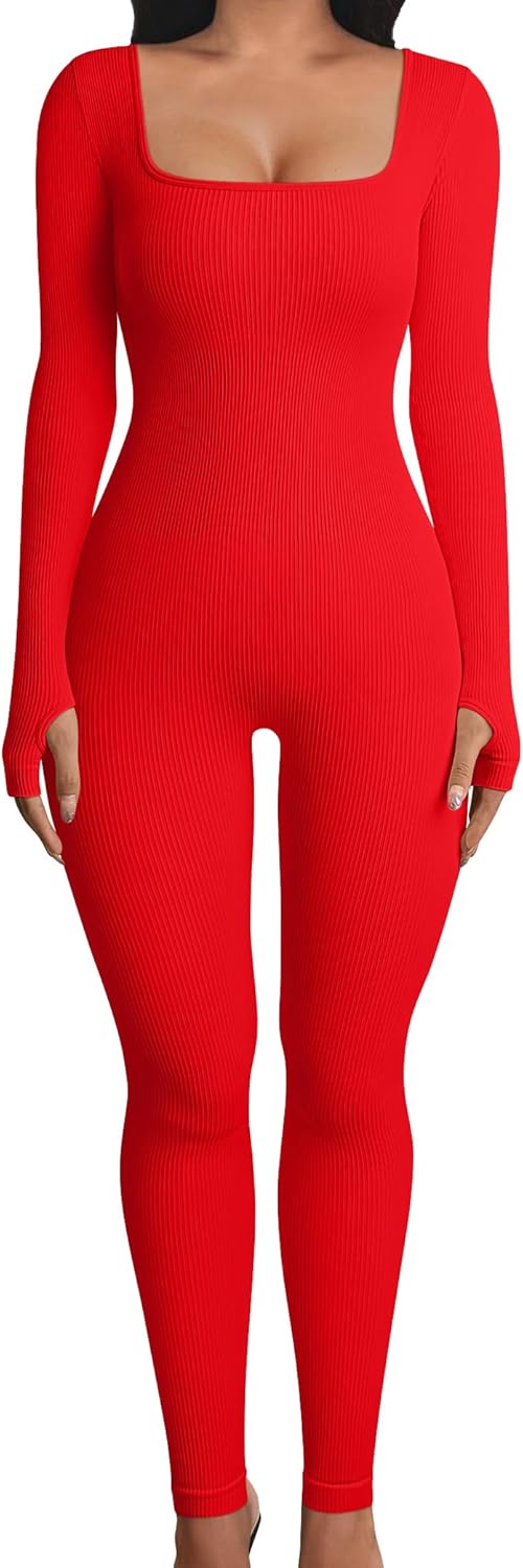 OQQ Women Long Sleeve Yoga Jumpsuits Workout Ribbed Bodysuits Pants Sexy One Piece