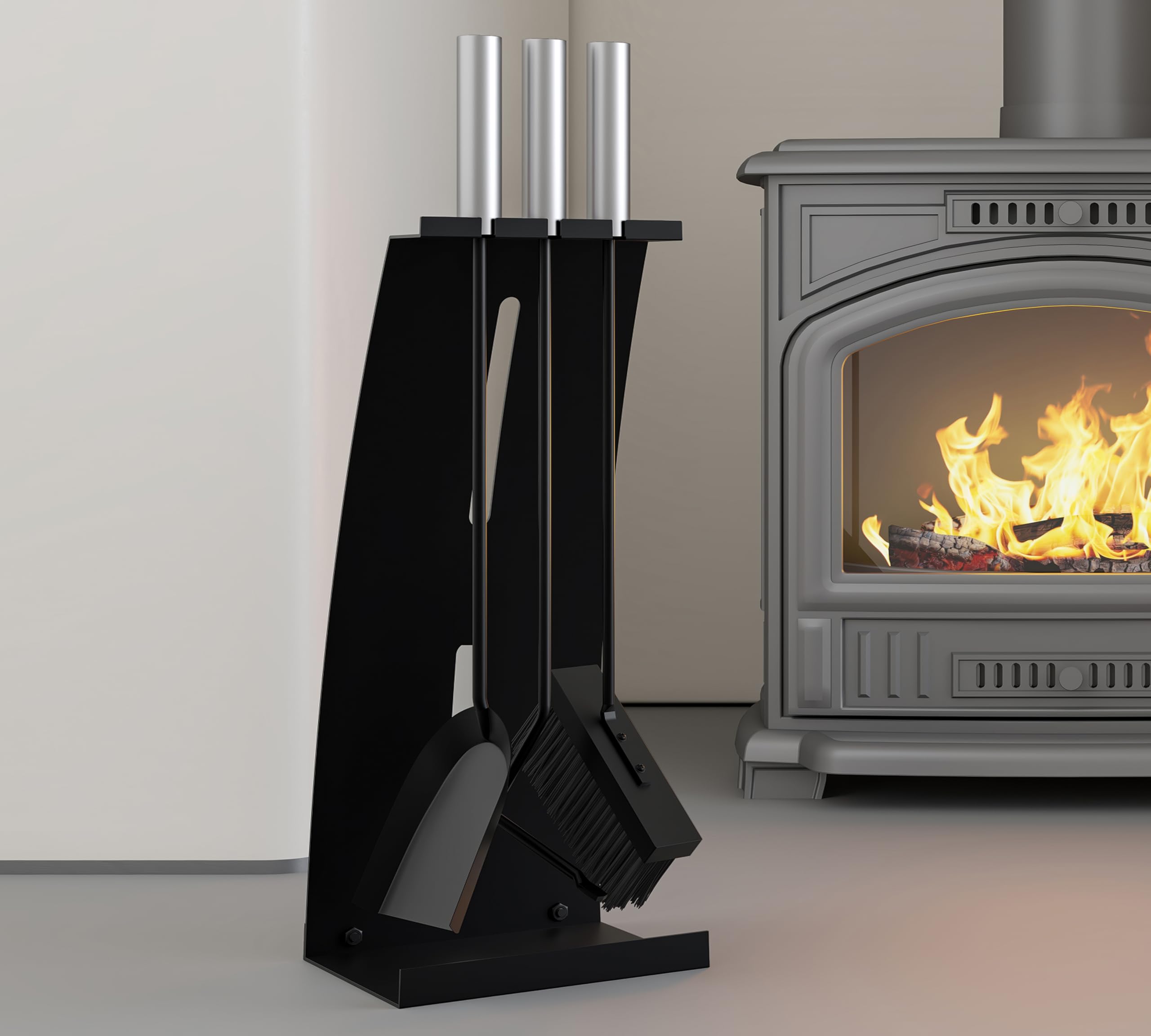 Kingson - Juego de 4 utensilios para chimenea con mangos de acero inoxidable – Juego moderno de accesorios para chimenea con soporte – Altura de 54,5 cm