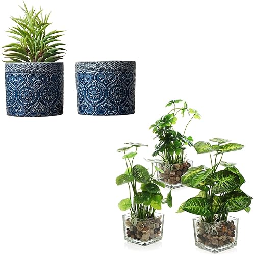 MyGift Juego de 3 plantas artificiales, vegetación de mesa sintética con macetas de vidrio transparente y macetas MyGift de 4 pulgadas de color azul