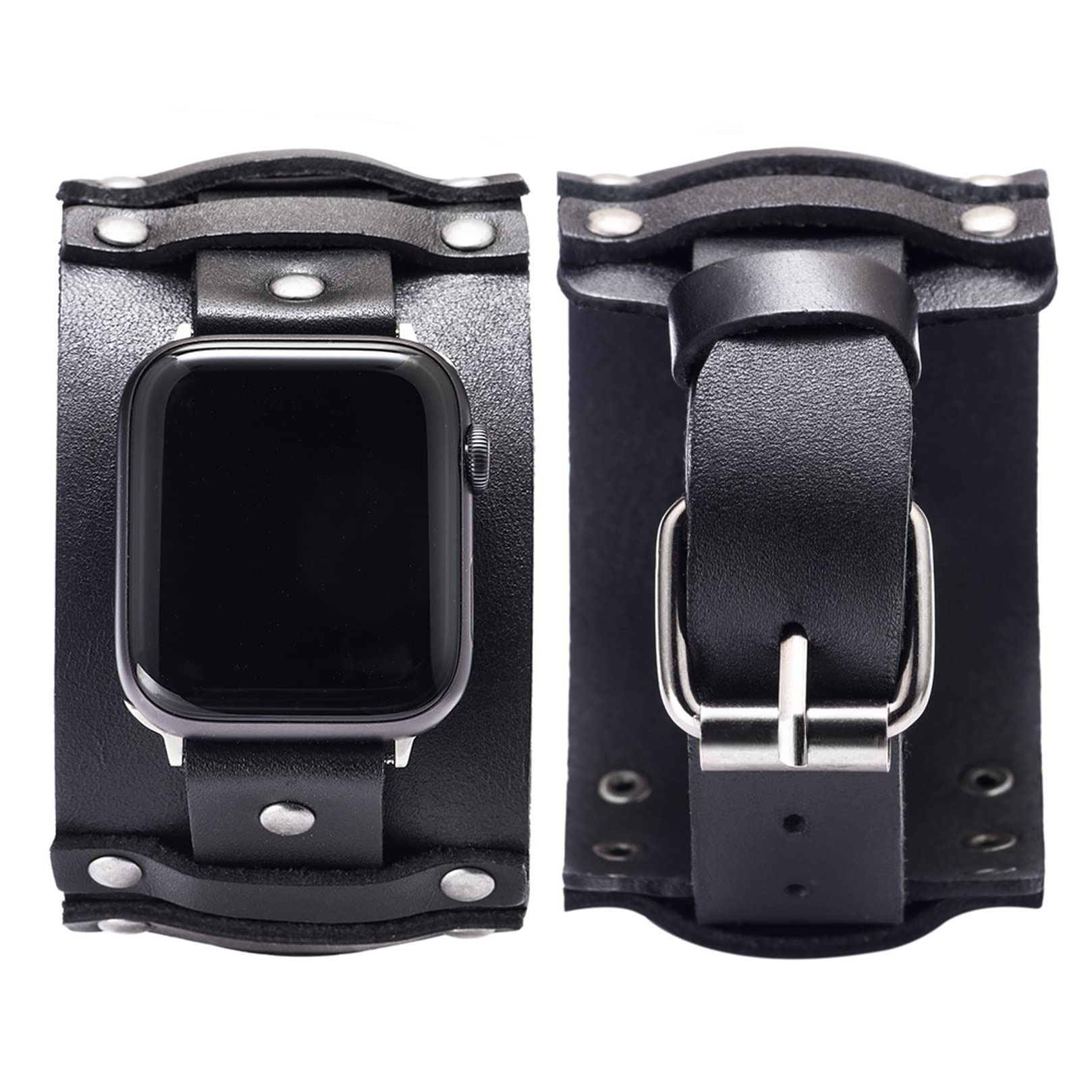 SehabyBlack Wide Leather Band, Compatible with Leather Apple Watch Band 38mm/40mm, Viking Cuff Band for Woman, Vintage Leather Band, Band with Metal Buckle Compatible for iWatch Series 6/5/4/3/2/1