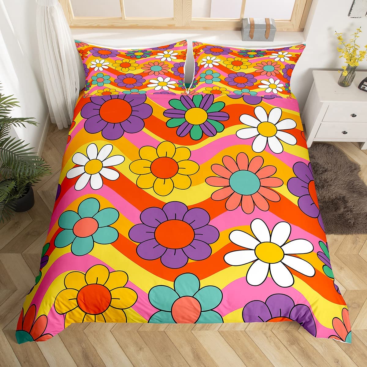 Homewish Women's Multi 07 Vintage Flowers Duvet Cover For Men,Colorful Groovy Flower Bedding Set King 1960S 1970S Rainbow Flowers Comforter Cover Funky Iridescent Flower Swirls Bed Cover With 2 Pillowcase Zipper&Ties