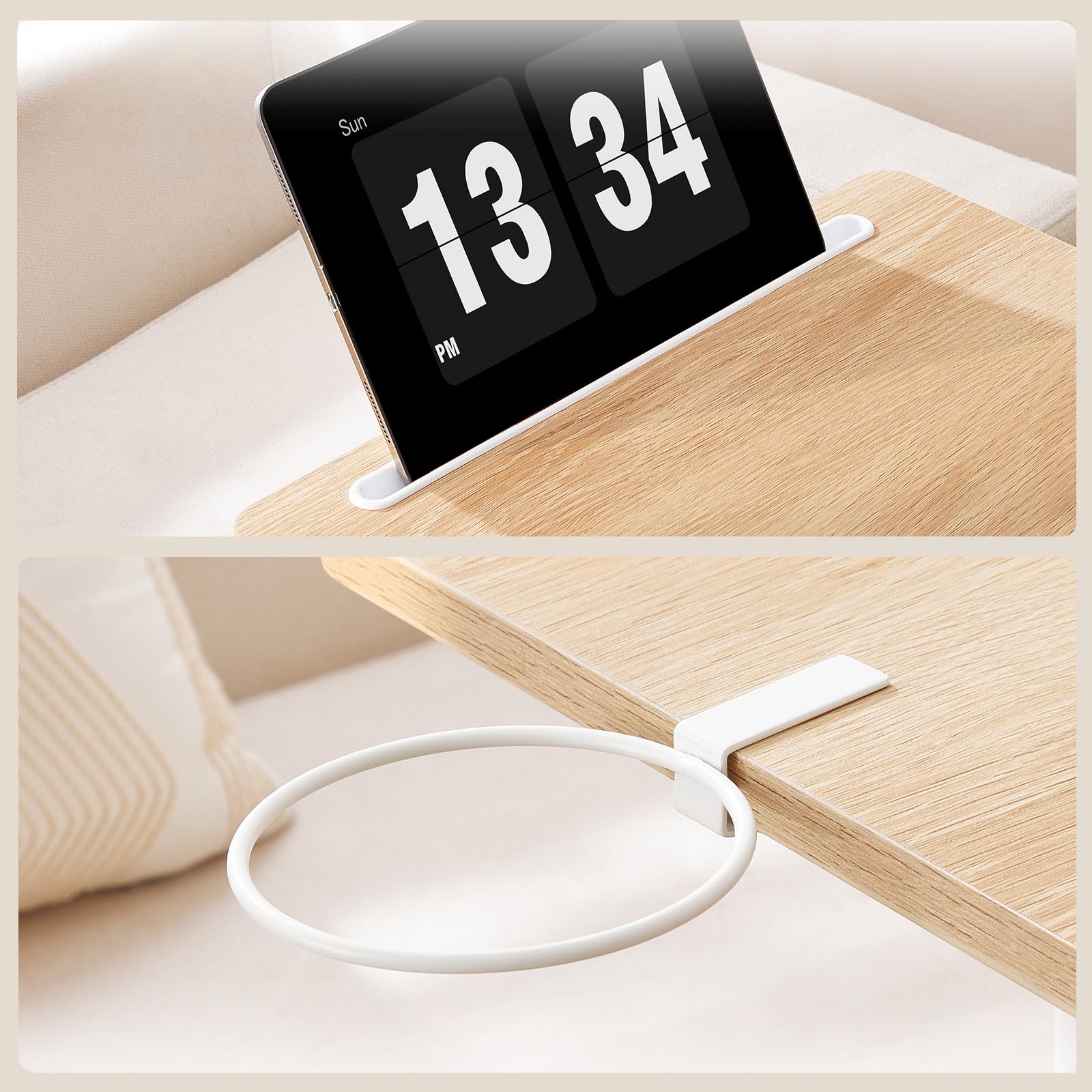HOOBRO Mesa Auxiliar en Forma de C, Mesa de Sofá Giratoria 360°, Portavasos Extraíble y Ranura para Tableta, Salón, Dormitorio, Blanco y Natural EWN34SF01