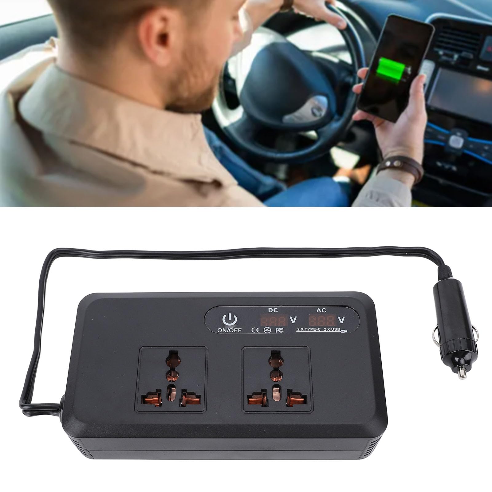 SIXRUN Inversor de Coche 200W, 12V DC a 110V AC con Carga Rápida