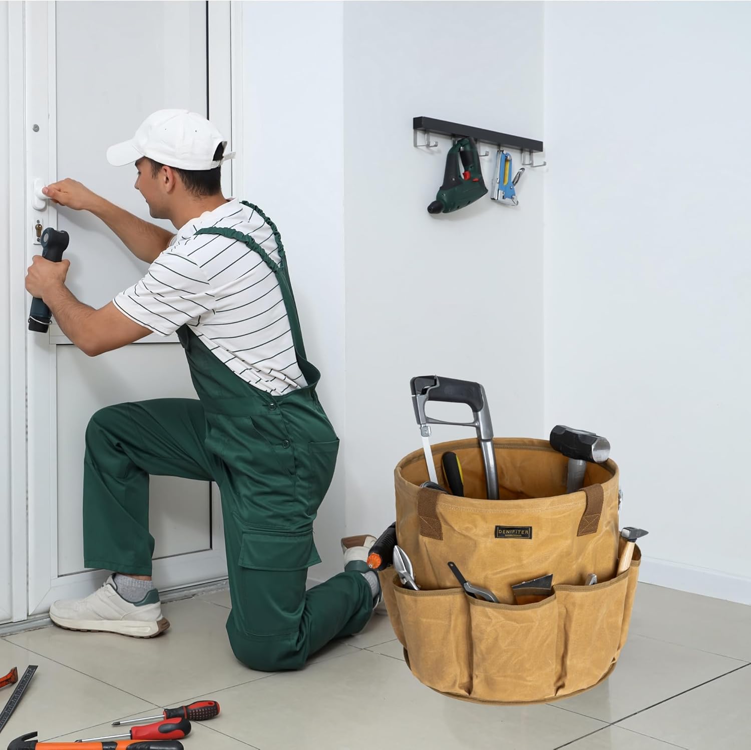 Heavy-Duty 16oz Waxed Canvas Garden Tool Tote with Handle, Wide-Mouth Open Top Design 14 inch Tool Bag | Khaki - Image 4