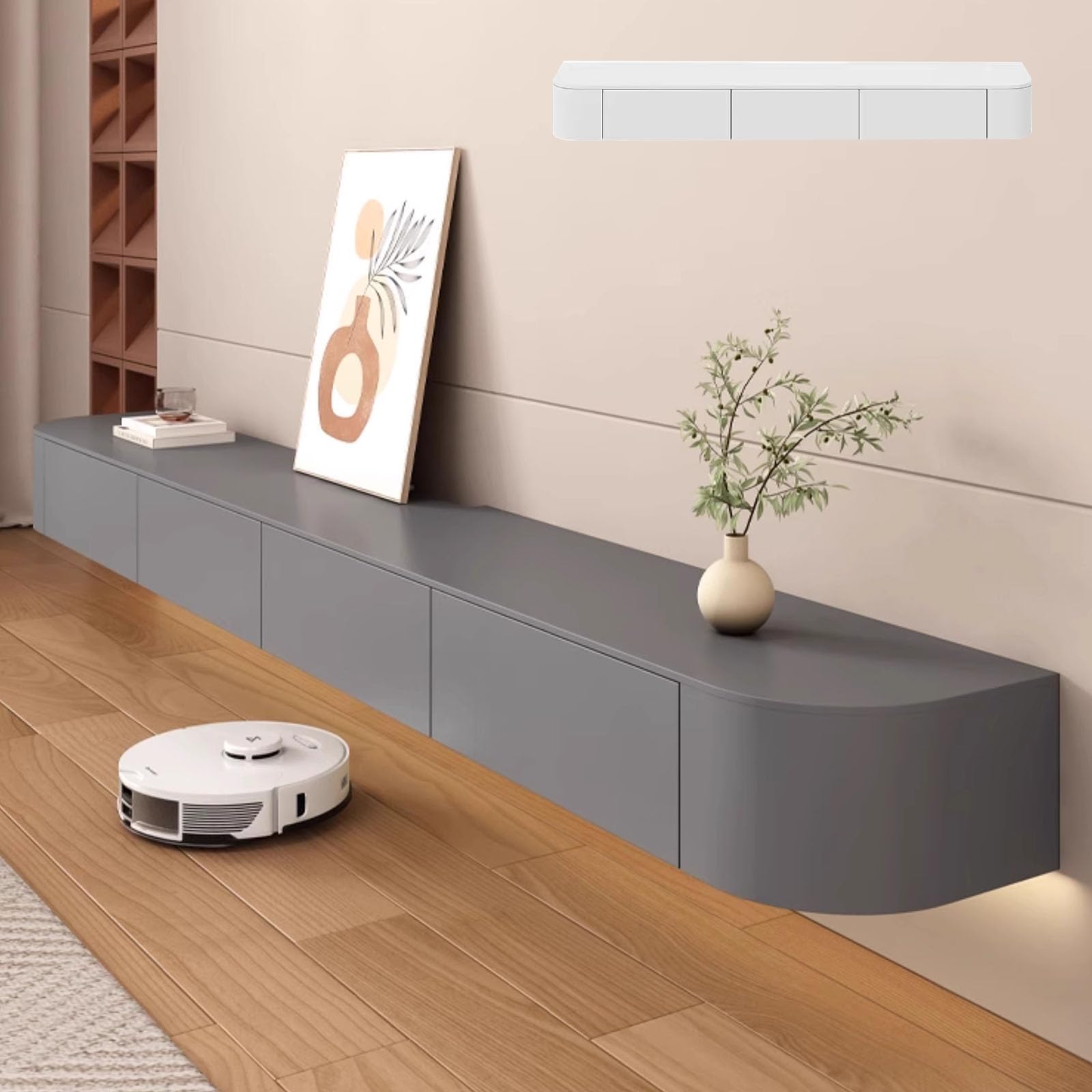 Soporte flotante para TV de gran tamaño montado en la pared, con múltiples compartimentos de almacenamiento, para sala de estar, dormitorio, apto para televisores de hasta 65 pulgadas