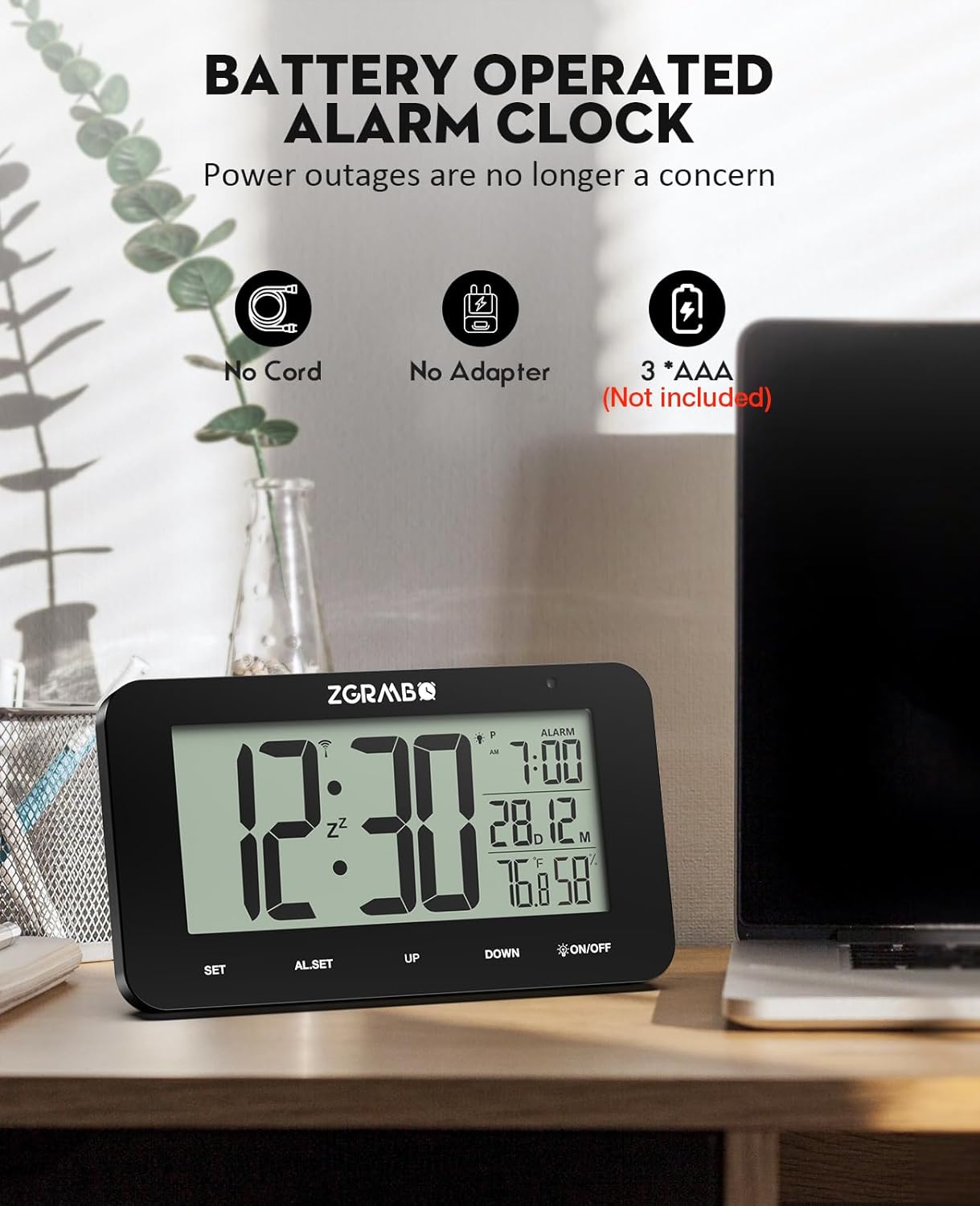 Zgrmbo MX6035 clock on a desk, highlighting its battery-operated nature with icons for 'No Cord', 'No Adapter', and '3 * AAA (Not Included)'.