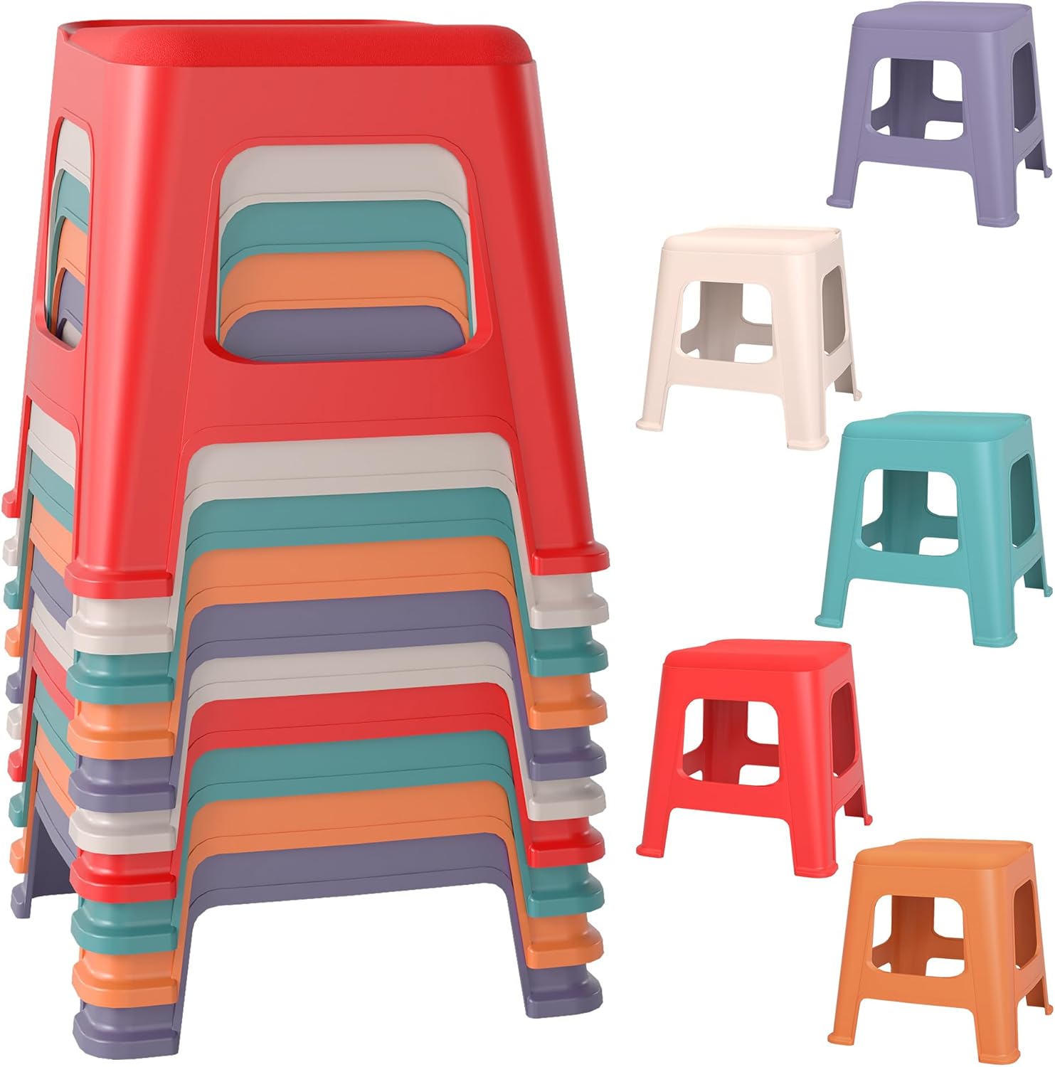 Pipleo 10 Pack Stackable Classroom Stools, 12.9" Height Colorful Nesting Plastic Stool, Portable Backless Chairs Flexible Seating for Classroom, School, Kindergarten, Home