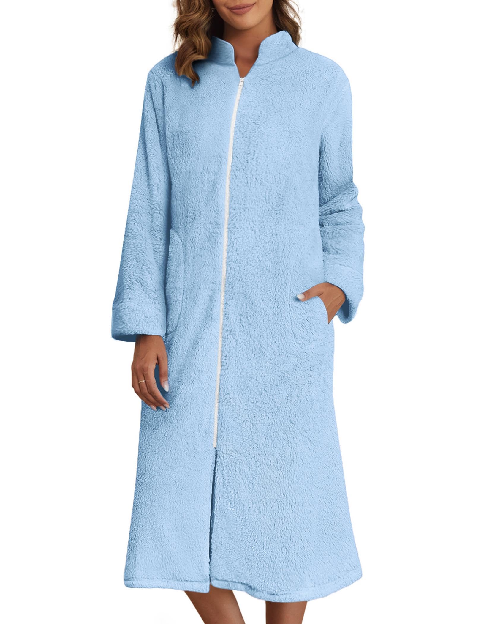 Ekouaer Women's Zip Up Robe Fleece Bathrobe Long Zipper Lounger Warm Housecoat Long Sleeve Nightgown with Pockets S-XXL