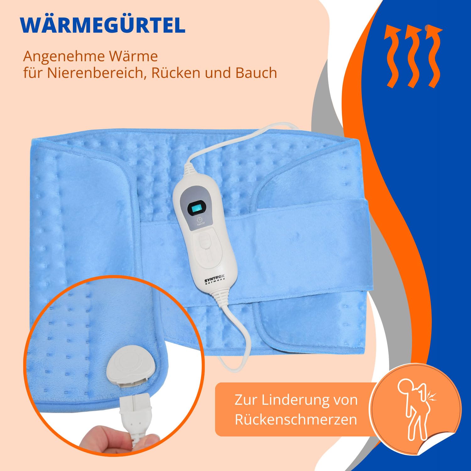 Syntrox Germany Elektrischer Wärmegürtel Kodiak, Heizgürtel, 3 Temperaturstufen, 100 Watt, 68 cm x 28 cm, Klettverschluss, Automatische Abschaltung, Verspannungen lindern