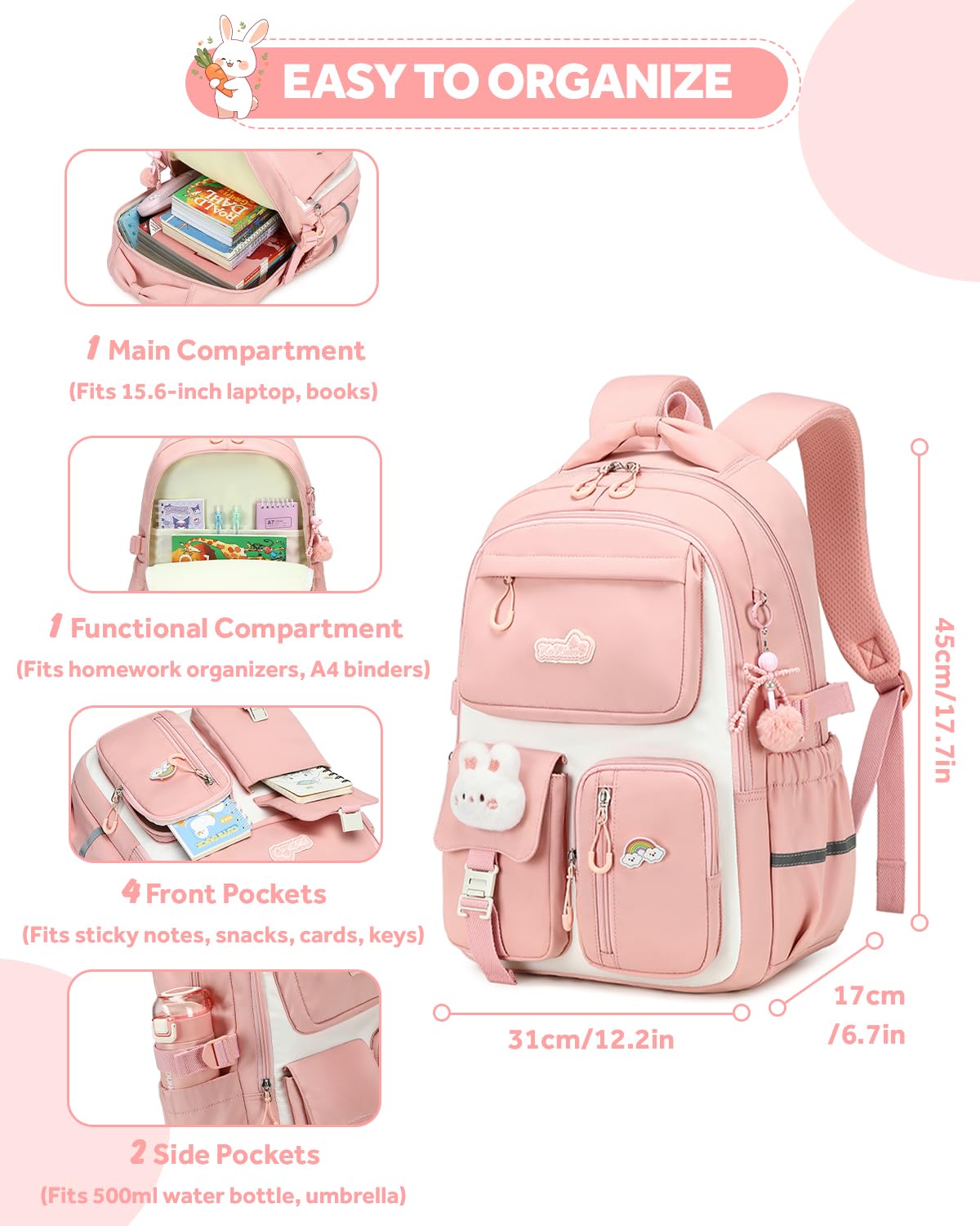 Amythe Cartable Fille Primaire, Sac à Dos Scolaire Léger en Nylon pour Filles, Tendance Sac d’École College pour les Voyages avec Pendentif, Convient aux Chariot, Rose