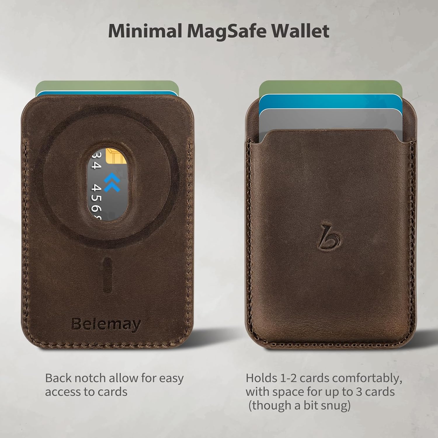 Belemay Minimal Wallet Compatible with Magsafe, Strong Magnetic Card Holder for 1-2 Cards, Vintage Crazy Horse Leather, Compatible with iPhone 17/16/15/14/13/12 Series and MagSafe Cases, Rustic Brown
