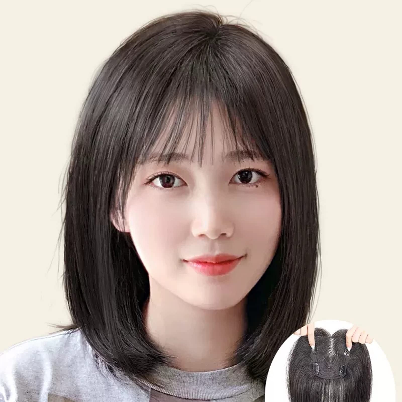 Parrucche per donne Parrucca Pezzo di capelli veri per coprire i capelli grigi Testa sottile di capelli Pezzo di toppa Capelli veri Soffici Aumenta il volume dei capelli Frangia finta Parrucche per