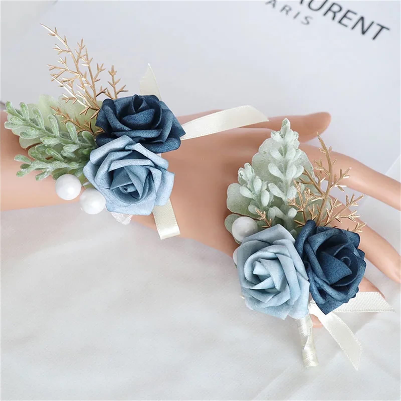 Ansteckblume Luxuriöse blaue Rose Hochzeit Handgelenk Corsage Boutonniere Set schickes Accessoire for die Braut-Bräutigam-Party(6PCS Boutonniere)
