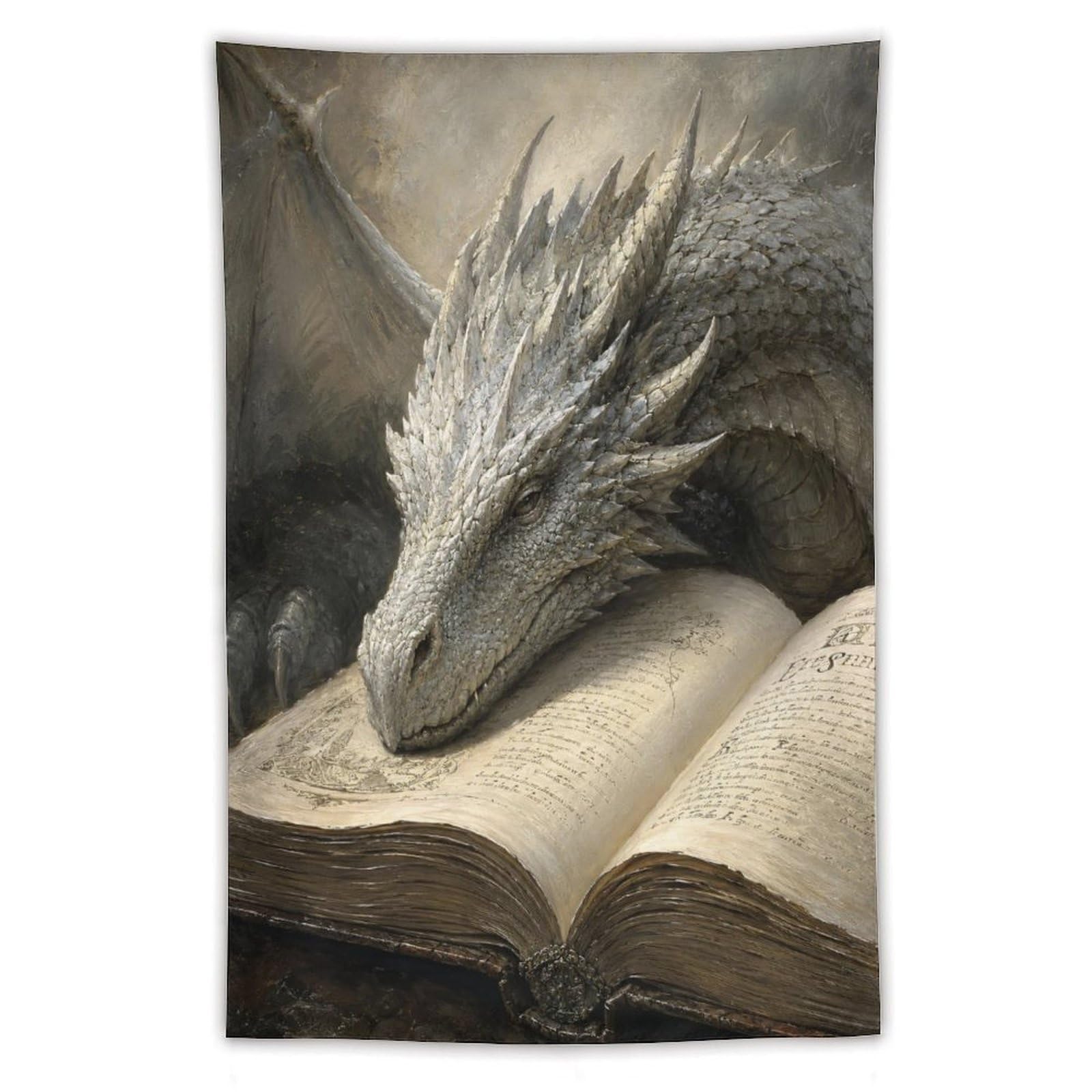 H3B8U2Y5 Silver Dragon Resting on Open Book Wall Tapestry, Surrealist