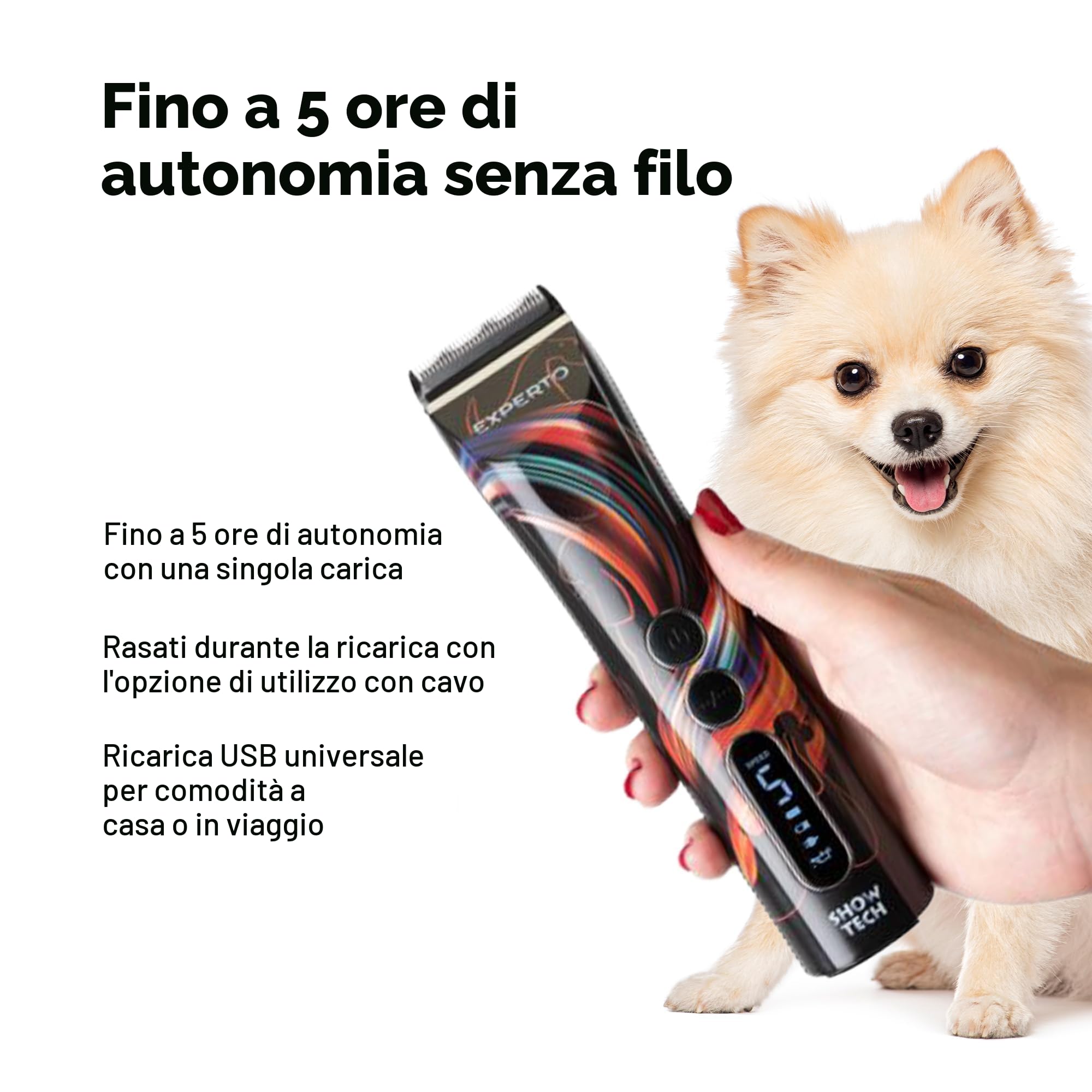 Show Tech Experto Tosatrice Professionale per Cani – Cordless con 5 Velocità (5000–7000 giri/min) – Lama in Ceramica con Rivestimento in Titanio – Display LCD, USB, Silenziosa – 0,25–2 mm