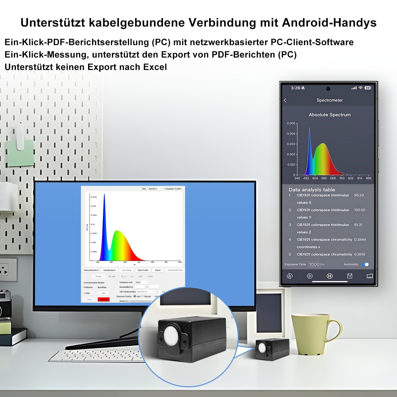 Handheld-Spektrometer für Lichtmessung 340-1000nm Tragbares Spektrum-Beleuchtungsmessgerät CCT-CRI-PAR-PPFD-Analyse LED-Pflanzenlicht-Tester mit APP & PC-Software USB-Typ-C