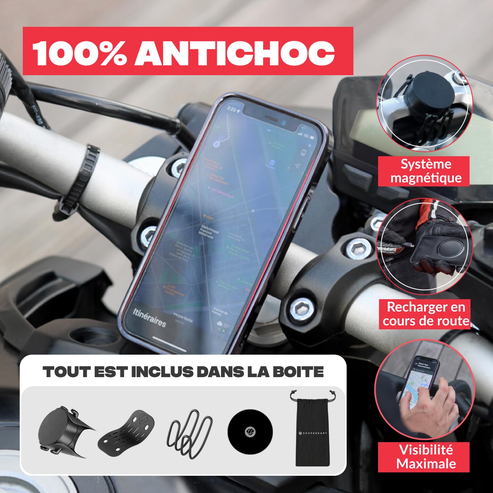Shapeheart Support Téléphone Moto Magnétique - Pose et Retire en Une Main - Fixation Guidon Universelle Moto, Scooter, Trottinette - Plaque Métallique Incluse - Maintien Stable et Amovible