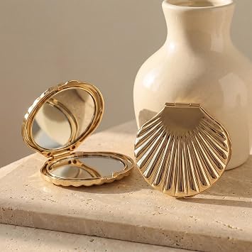 Novabright 1 Pcs 2.7 Inch Gold Sea Shell Compact Mirror Double-Sided Makeup Small Mirror for Purse with 1x/2x Magnification for Travel, Bathroom, Makeup, Beauty, Grooming, Plastic