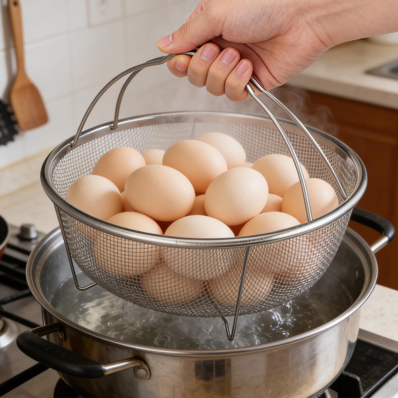 GANAZONO Cesta redonda para freír, cesta de drenaje de alambre de acero inoxidable, bandeja de drenaje de alimentos, colador de lavado de verduras, colador de frutas de metal, cesta de drenaje de