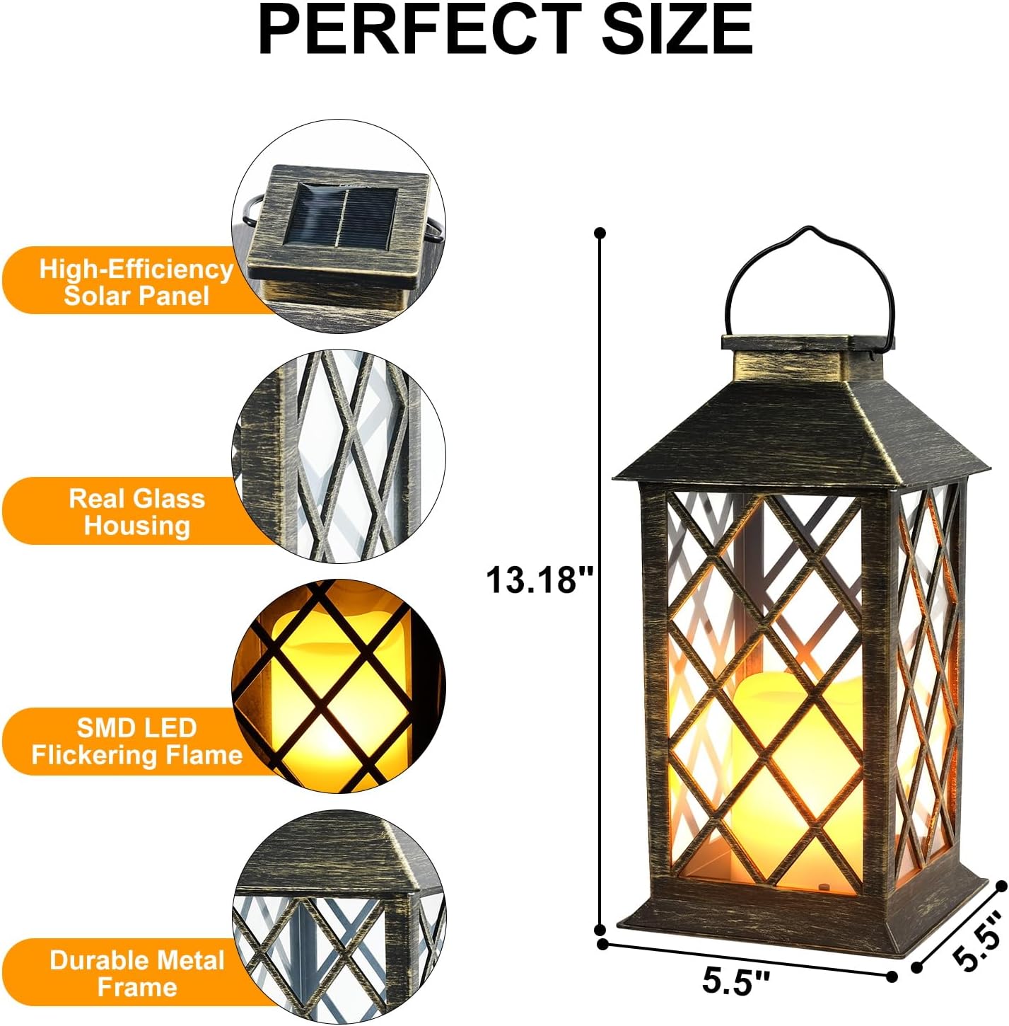 Solar Lanterns Outdoor Waterproof - 2 Pack 14" Large Hanging Solar Lantern with Glass Flickering Flame, IP65 Weatherproof Decorative Lanterns for Garden, Patio, Yard, Porch, Balcony, Gifts Mom Wife
