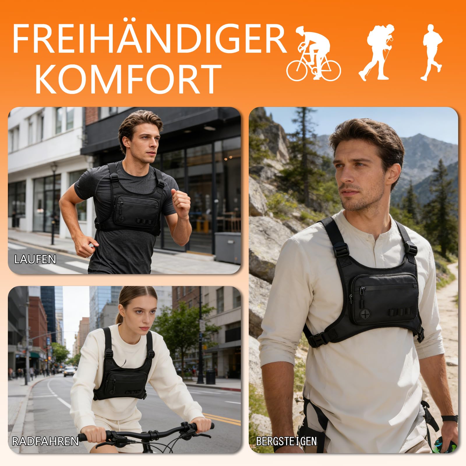 KINGSLONG Herren Brusttasche Leichte Taktische Brusttasche Sporttasche Schultertasche Wasserdichte Laufrucksack mit Tasche Zusätzlichem Stauraum für Traning Laufen Radfahren Wandern Camping Schwarz