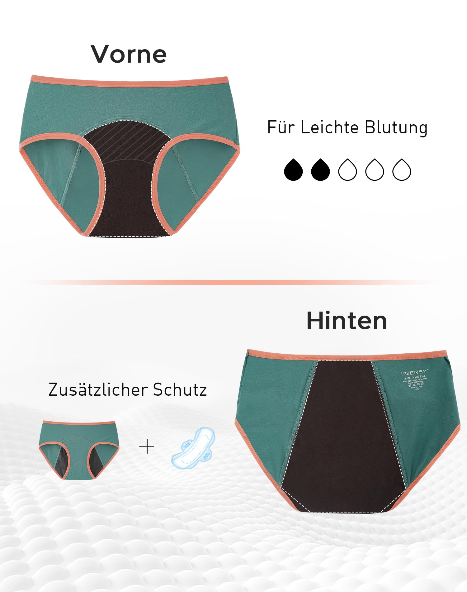 INNERSY Bielizna dla dziewcząt od Period, bielizna bawełniana, majtki z zabezpieczeniem przed wyciekiem, zestaw 3 szt, Czarny / zielony / różowy, 14 Lata