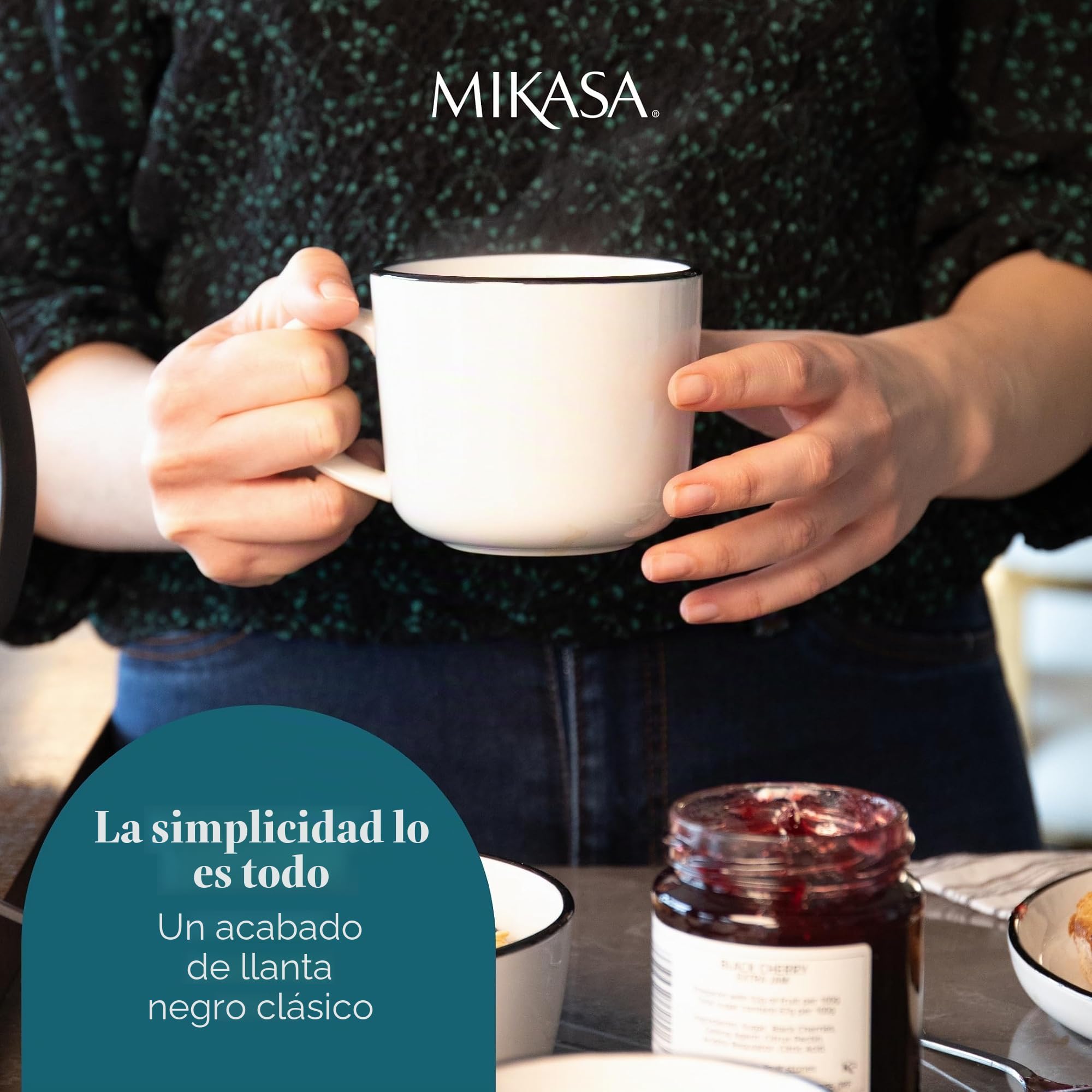 Mikasa Limestone Juego de Tazas de Porcelana, 4x Tazas de Porcelana con Borde Negro para Té y Café, 360ml| En Caja de Regalo y Aptas para Lavavajillas