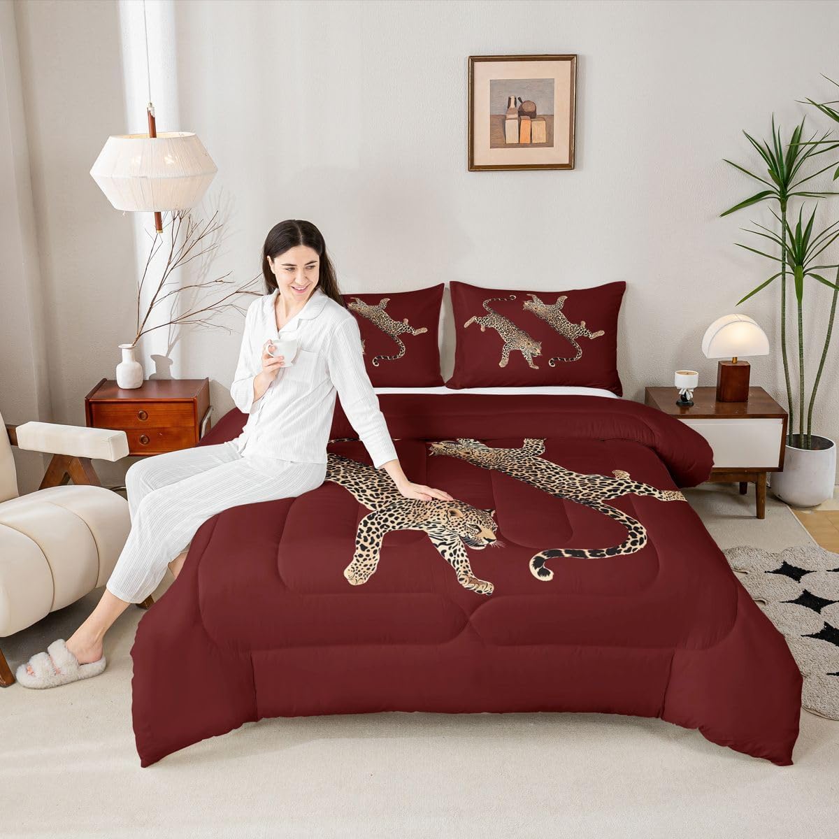 Trendy Leopard Kids Comforter Set Queen Size,Preppy Girly Aesthetic Wildlife Bedding Set,Girls Room Decor,Funky Animal Y2k Cheetah Quilt Comforter,Brown Red Duvet Set Bedroom Quilt Set,2 Pillowcases