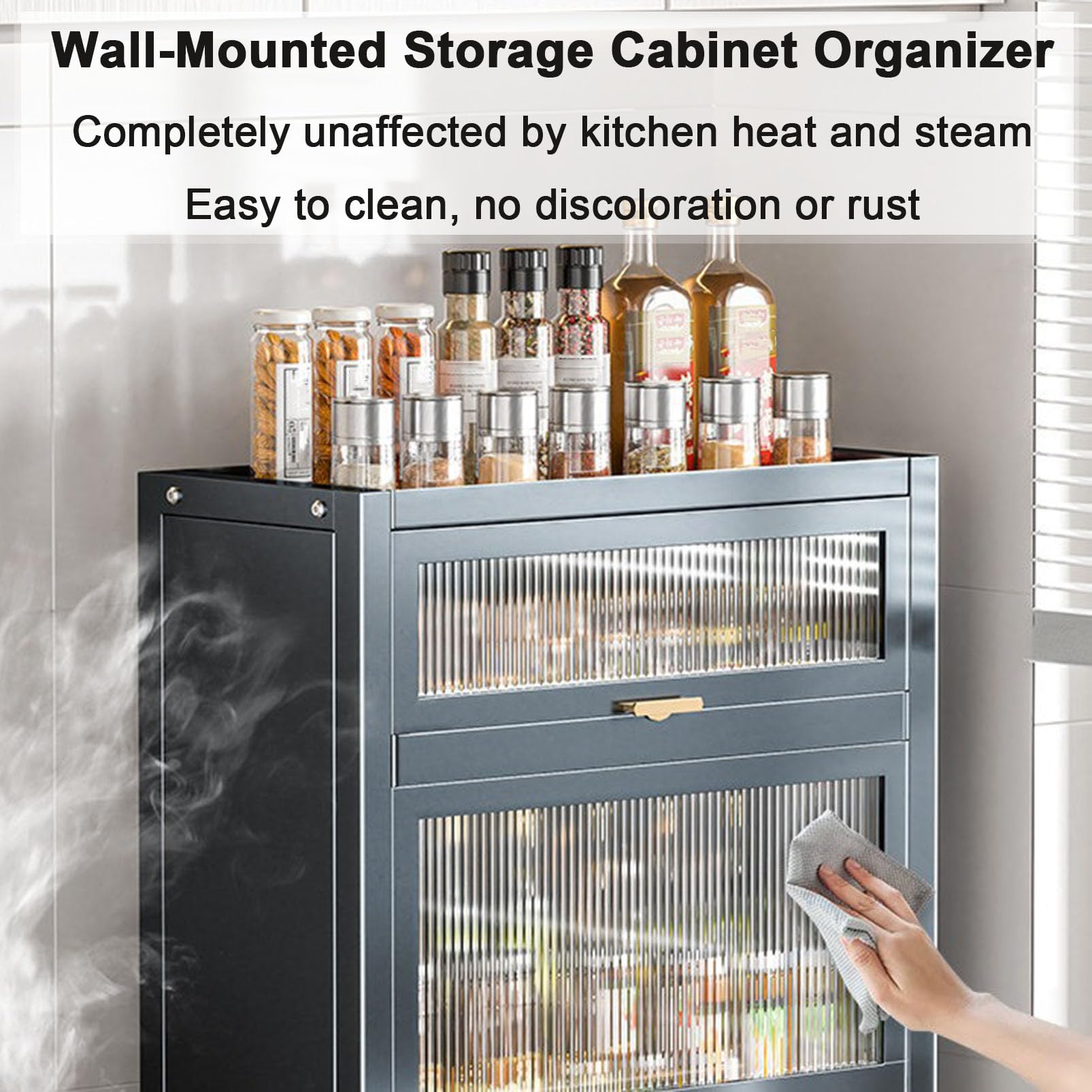 Armoire de Garde-Manger de Cuisine autoportante avec tiroirs coulissants et Porte Rabattable, Organisateur de comptoir pour Bouteilles/Plats/Tasses à épices