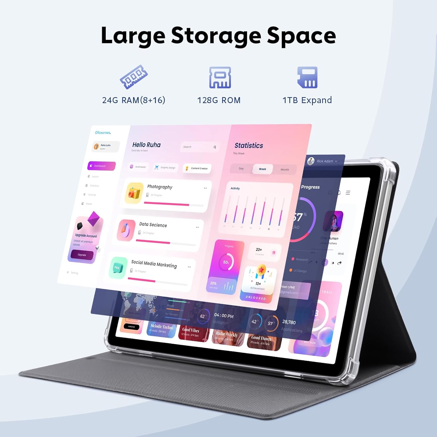 Android 15 Tablet, 10 Inch Tablets Android, Octa-Core, 24GB(8+16) RAM+128GB ROM+1TB Expand, 1280x800 IPS Display, HD Touchscreen, Widevine L1, GPS, 2.4G/5G WiFi, 5MP+8MP Camera, 6000mAh, BT 5.4, Gray - Image 4