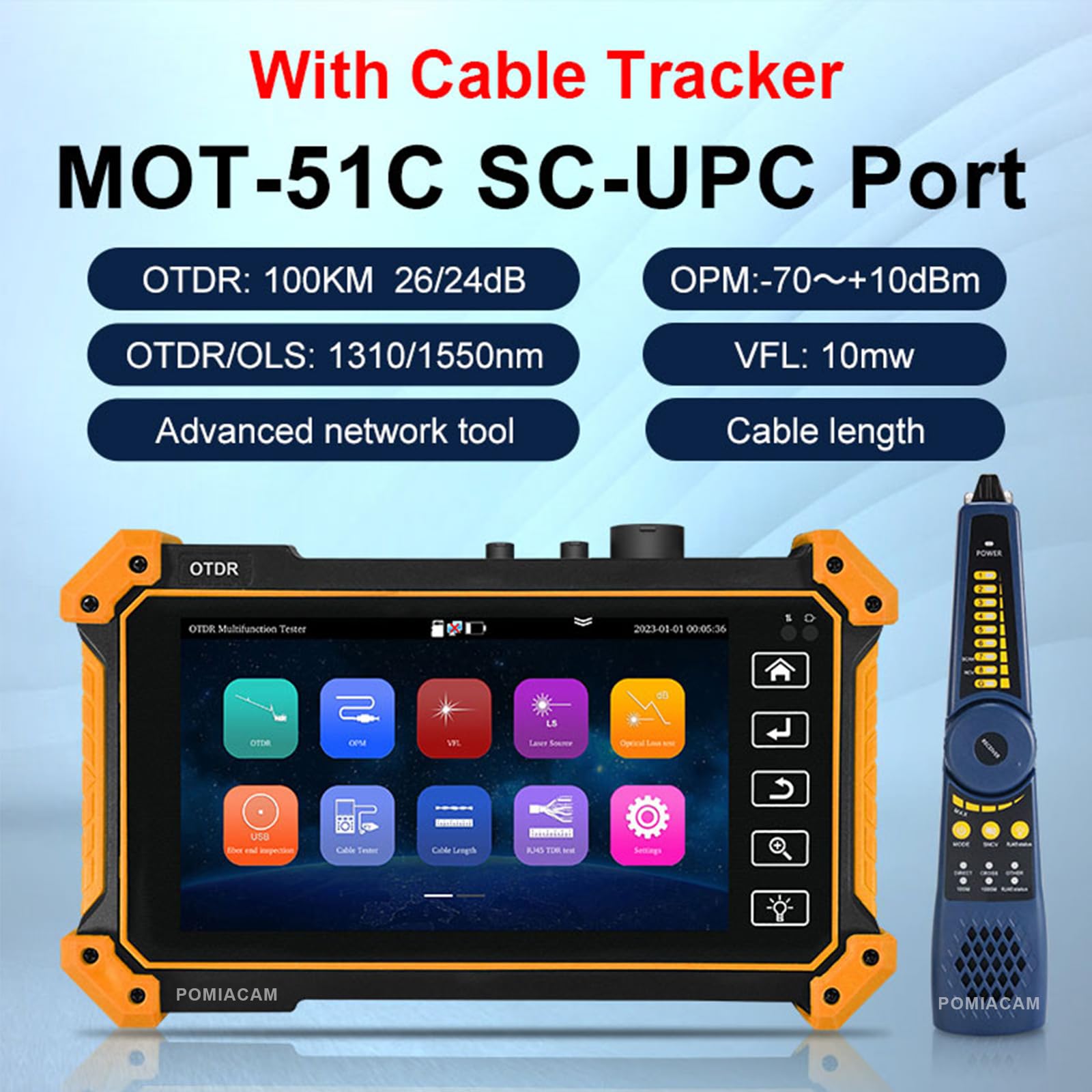 OTDR Tester a fibra ottica MOT-51C 1310/1550nm 26/24dB 5.5 "OLED Touch Screen incorporato VFL OPM LS (sorgente luminosa) OLT (test di perdita ottica) Mappa evento