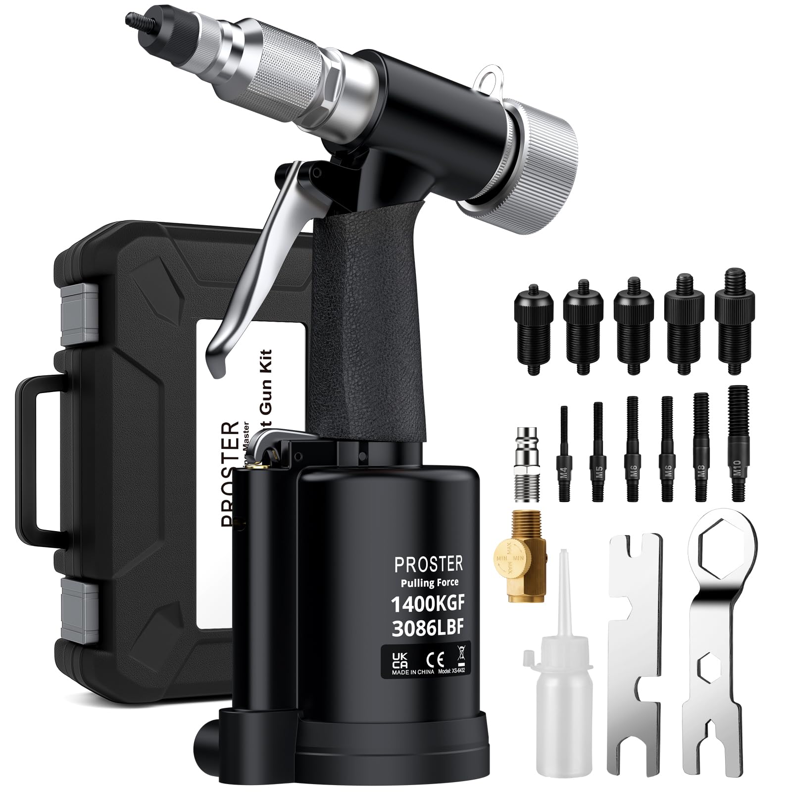 Proster Pneumatic Rivet Nut Gun - 1400KGF Air Nut Gun Set with 5 Nose-Piece & Metric Mandrels M4 M5 M6 M8 M10, Rivnut Tool Kit with Adjustable Pressure Valve for Workshop Maintenance