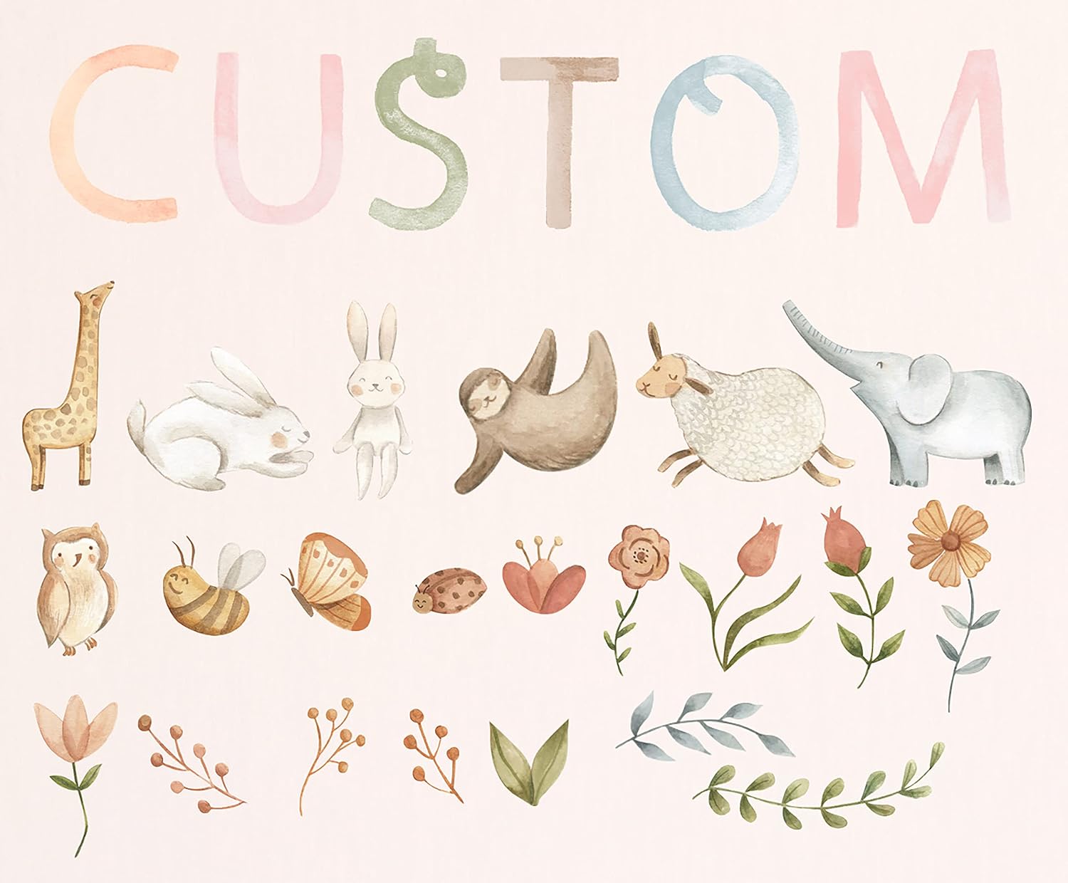 Watercolor Name Personalized Custom Wall Decal Girl Boy Names Nursery Room Decor with Woodland Animals Flowers #3116 (Custom)