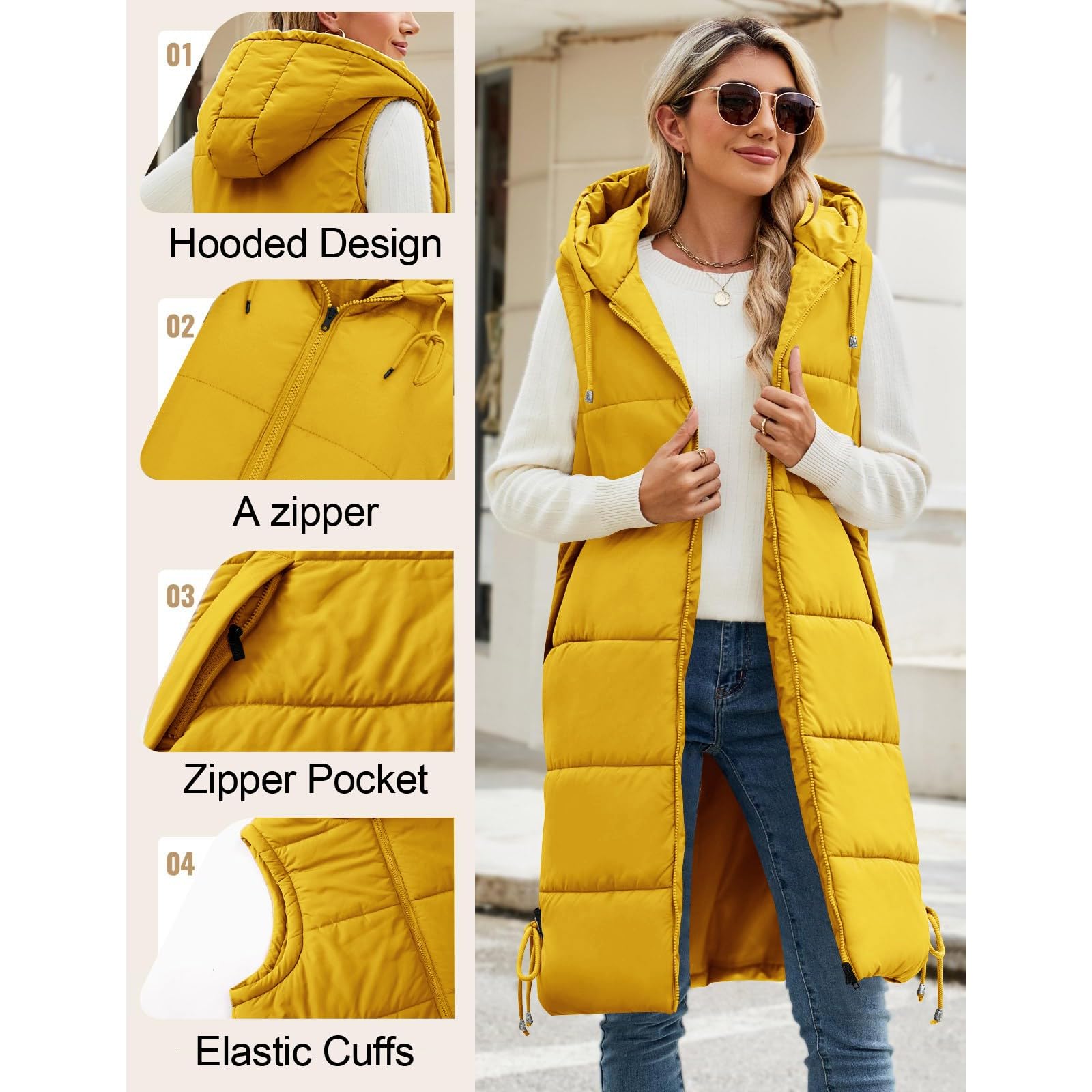 Chaleco de invierno para mujer, cálido, acolchado, largo, con capucha, sin mangas, ligero, acogedor, acolchado, calentador de cuerpo, casual, con cremallera, cómodo, ropa exterior de transición