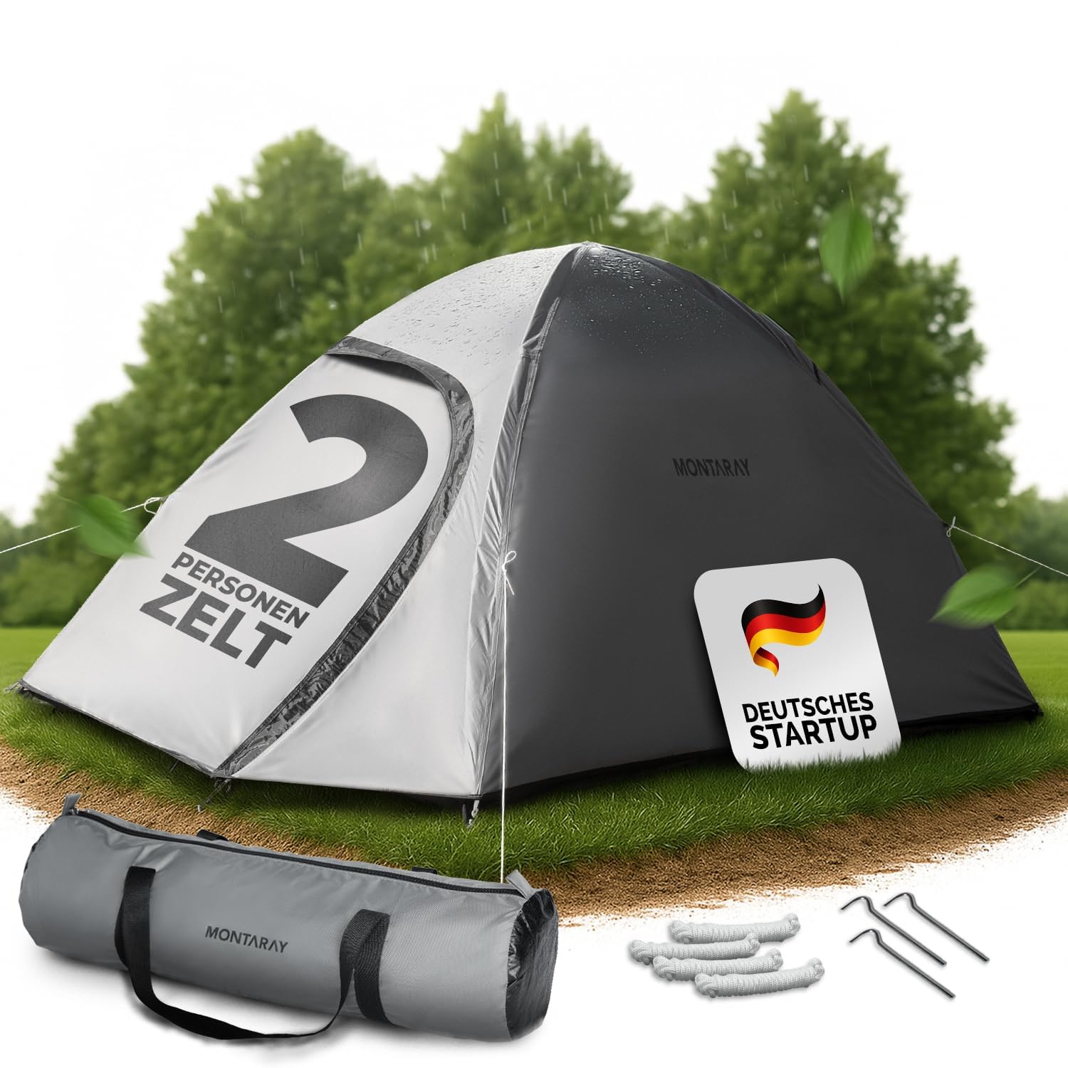 MONTARAY Zelt 2 oder 4 Personen Doppelwandiges Campingzelt mit Mückenschutz schneller Aufbau, wasserdicht, winddicht & atmungsaktiv, leicht, faltbar inkl. Tragetasche ideal für Camping & Festival Grau