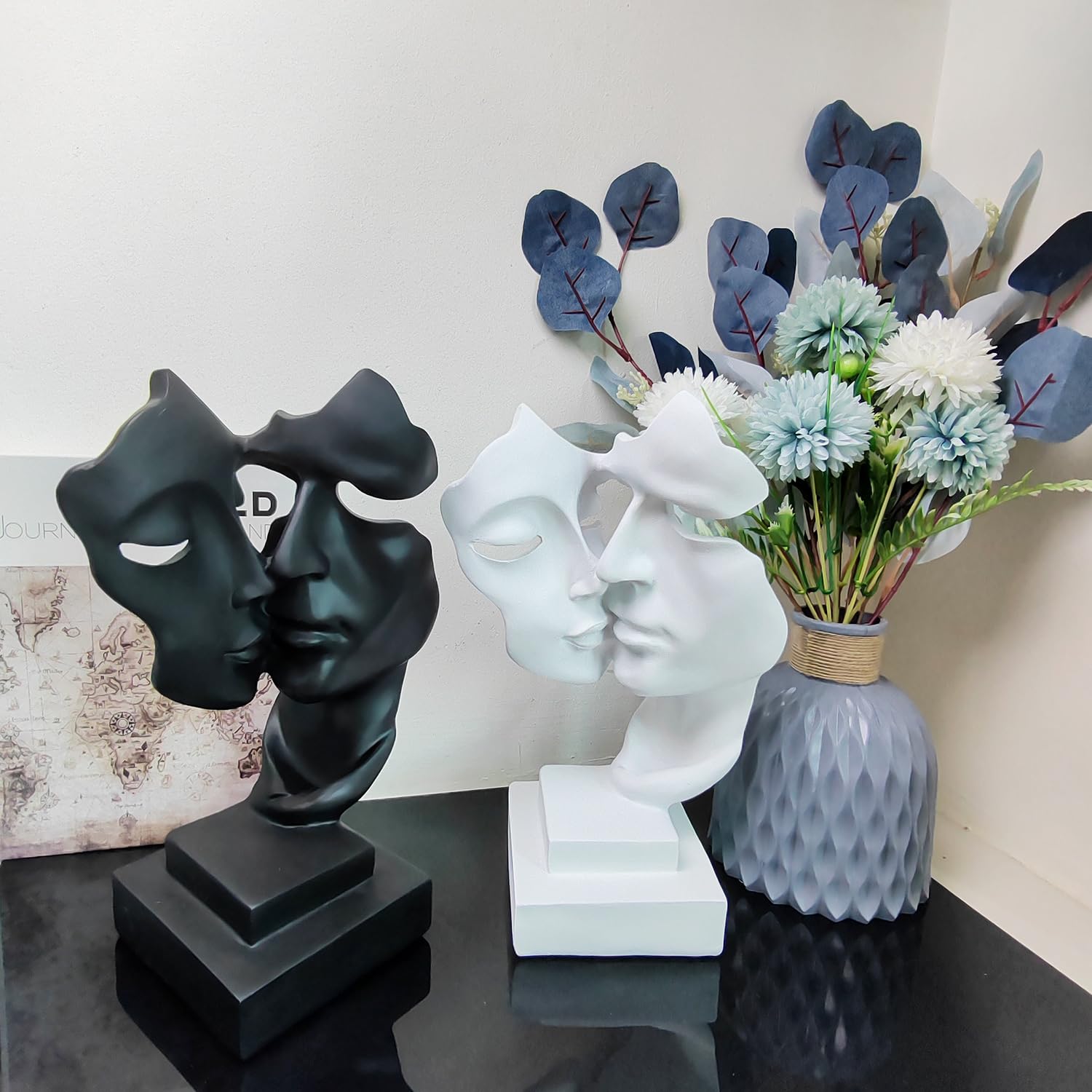 Statua Decorativa Maschera Di Coppia In Resina - Scultura Astratta Moderna Per Appoggio Nero - Foto 9