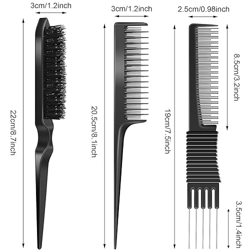 Miniatura 2 de Juego de 3 cepillos de pelo con peine de púa de burlas, incluye elevación de carbono negro con punta de metal, peine de cola de rata de triple pin,