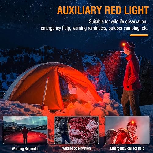 Miniatura 5 de BORUIT HP360 - Linterna frontal recargable (rojo y verde), 7 modos, lámpara de cabeza súper brillante, luces de cabeza de ángulo de 180 para frente,