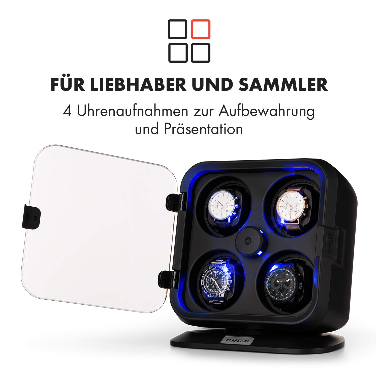 Klarstein Uhrenbeweger für 4 Uhren, Automatik für Damen & Herren, für Automatikuhren, Leiser Automatischer, Watch Winder Mit LED-Beleuchtung, 3 Rotationen