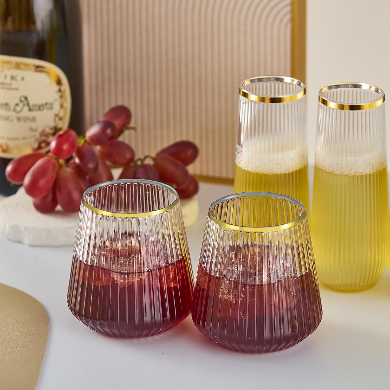 48 Pack Plastic Wine Glasses Disposable Ribbed Champagne Flutes, 24 Pcs 9 OZ Stemless Champagne Flutes & 24 Pcs 14 OZ Disposable Wine Glasses, BPA-Free (Ribbed gold) - Image 4