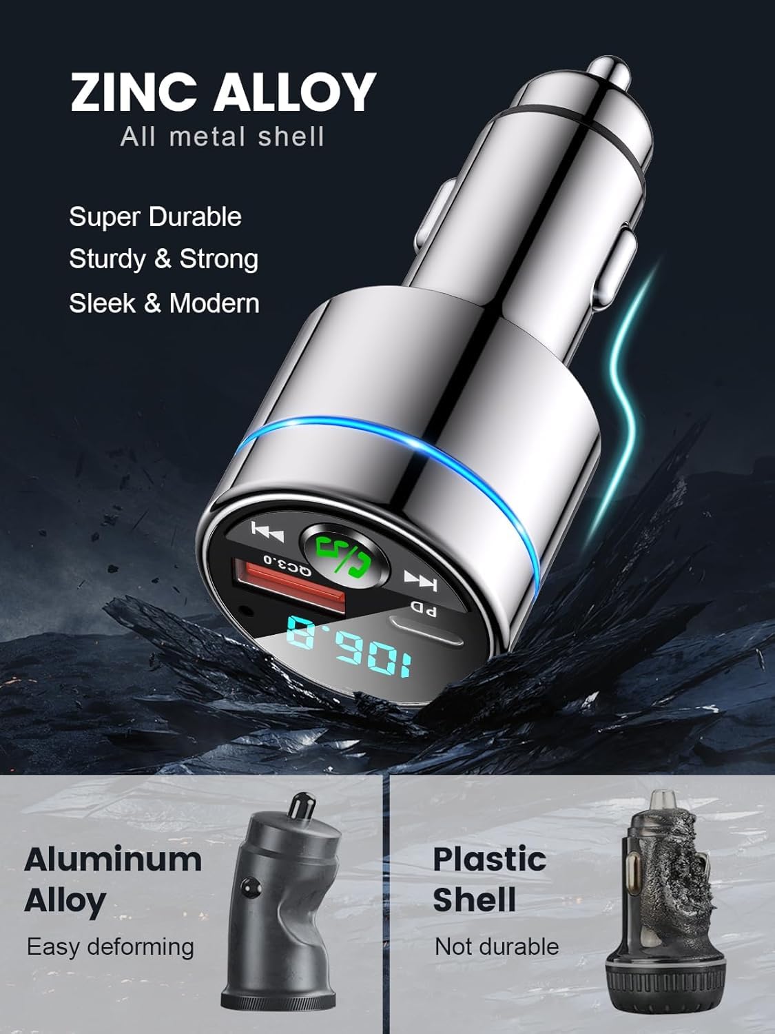 Mohard Nadajnik FM Bluetooth 5.3, całkowicie metalowy samochód Bluetooth, szybka ładowarka samochodowa PD30W typ C+QC3.0, adapter Bluetooth do radia samochodowego, redukcja szumów, połączenie