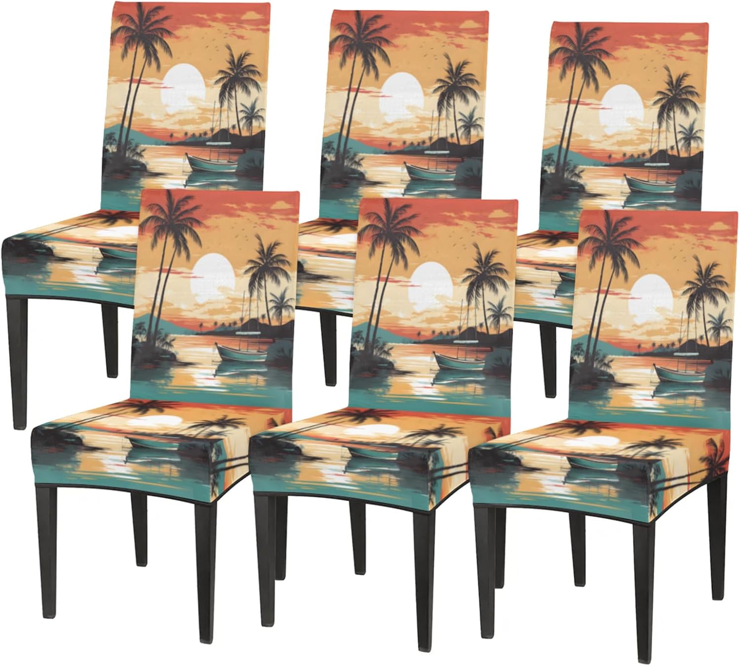 QsirBC Sunset Coast Coconut Boat Stretch Dining Room Chair Covers Set of 4 Chair Slipcovers Removable Washable Kitchen Seat Covers Chair Protectors for Hotel Party Wedding