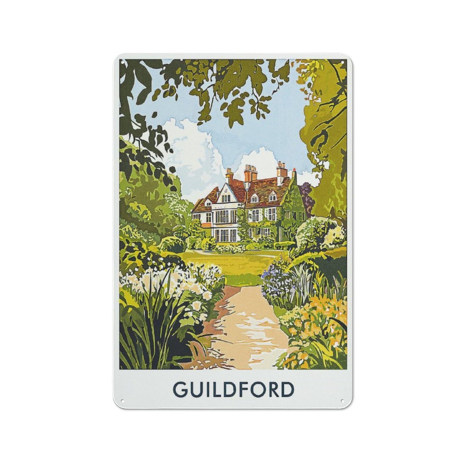 Junmoney Style-24 Smart Guildford House Illustration Office Metal Sign 30X20cm, Creative Space Decor For Home Office, Reading Corner Or Bedroom