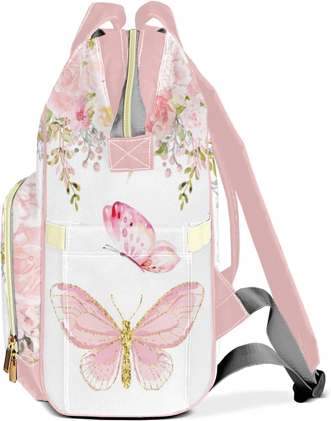 Watercolor Butterfly Rose Florals Customizable Large Capacity Diaper Bag Personalized Name,Waterproof Multi-Function Mommy Bag with Thermal Pockets for Girls Boys
